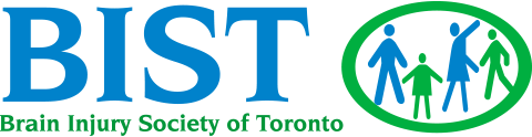 BIST logo, in blue and green there is a circle with animation people inside and the text under BIST says Brain Injury Society of Toronto